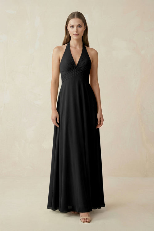 A-Line Pleated Chiffon V-Neck Bridesmaid Dress in Black - KissProm BRIDESMAID DRESSES