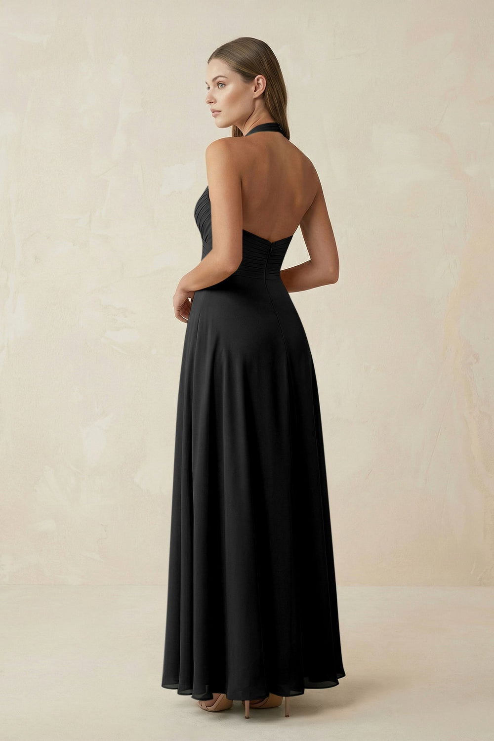 A-Line Pleated Chiffon V-Neck Bridesmaid Dress in Black - KissProm BRIDESMAID DRESSES