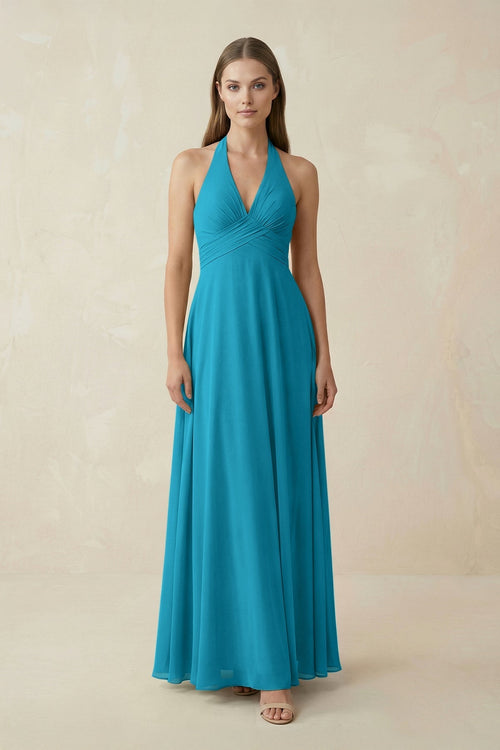 A-Line Pleated Chiffon V-Neck Bridesmaid Dress in Blue Jay - KissProm BRIDESMAID DRESSES