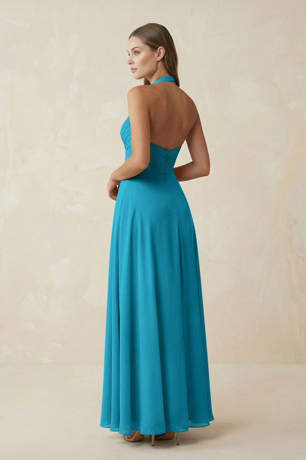 A-Line Pleated Chiffon V-Neck Bridesmaid Dress in Blue Jay - KissProm BRIDESMAID DRESSES