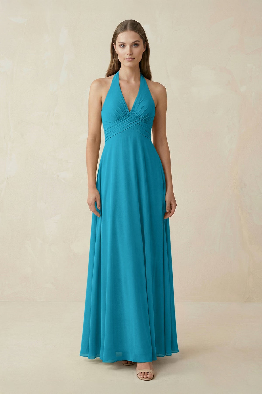 A-Line Pleated Chiffon V-Neck Bridesmaid Dress in Blue Jay - KissProm BRIDESMAID DRESSES