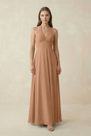 A-Line Pleated Chiffon V-Neck Bridesmaid Dress in Bronzer - KissProm BRIDESMAID DRESSES
