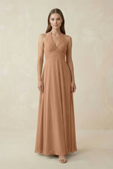 A-Line Pleated Chiffon V-Neck Bridesmaid Dress in Bronzer - KissProm BRIDESMAID DRESSES