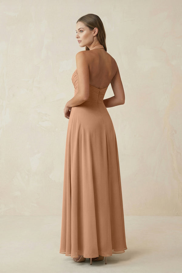 A-Line Pleated Chiffon V-Neck Bridesmaid Dress in Bronzer - KissProm BRIDESMAID DRESSES