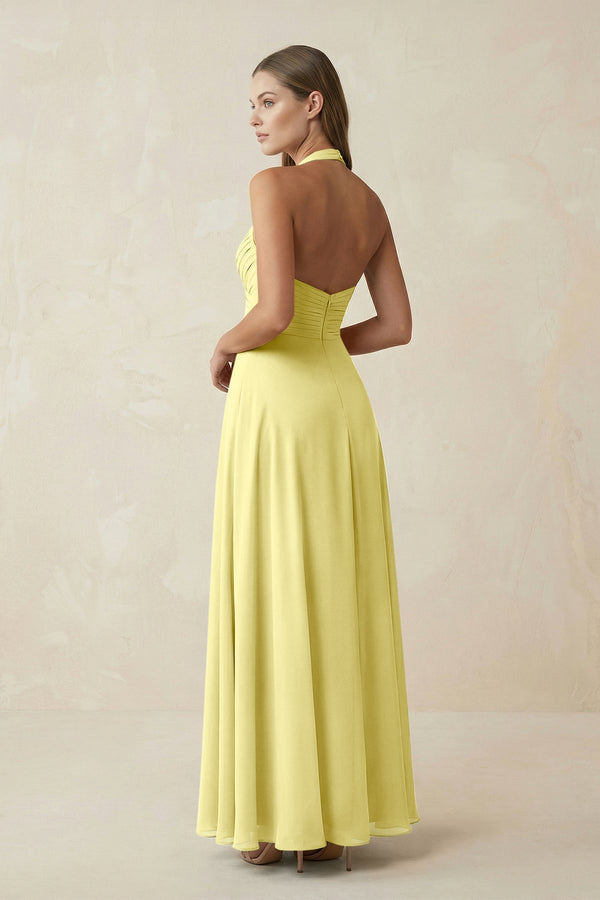 A-Line Pleated Chiffon V-Neck Bridesmaid Dress in Buttercup - KissProm BRIDESMAID DRESSES
