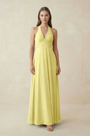 A-Line Pleated Chiffon V-Neck Bridesmaid Dress in Buttercup - KissProm BRIDESMAID DRESSES