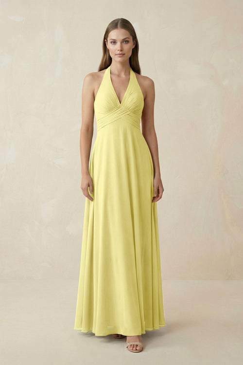 A-Line Pleated Chiffon V-Neck Bridesmaid Dress in Buttercup - KissProm BRIDESMAID DRESSES