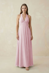 A-Line Pleated Chiffon V-Neck Bridesmaid Dress in Candy Pink - KissProm BRIDESMAID DRESSES