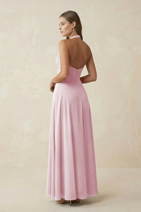 A-Line Pleated Chiffon V-Neck Bridesmaid Dress in Candy Pink - KissProm BRIDESMAID DRESSES