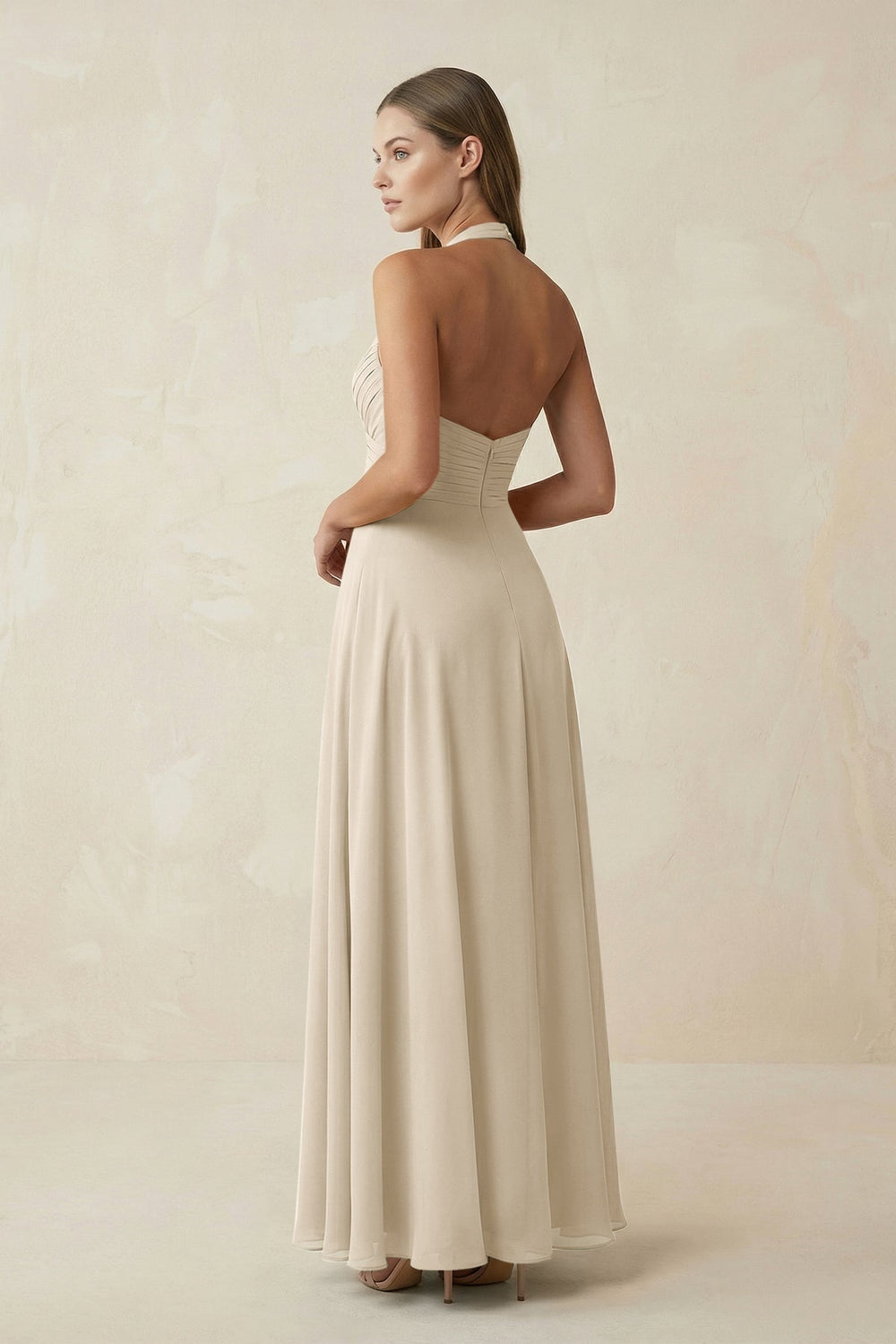 A-Line Pleated Chiffon V-Neck Bridesmaid Dress in Champagne - KissProm BRIDESMAID DRESSES