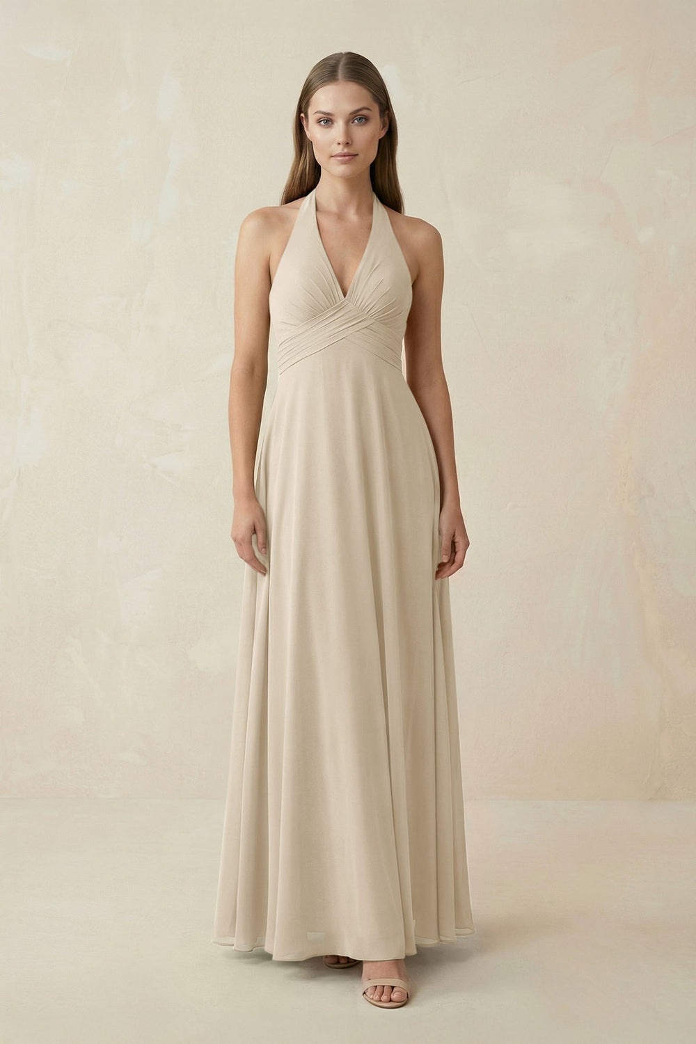 A-Line Pleated Chiffon V-Neck Bridesmaid Dress in Champagne - KissProm BRIDESMAID DRESSES