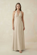 A-Line Pleated Chiffon V-Neck Bridesmaid Dress in Champagne - KissProm BRIDESMAID DRESSES