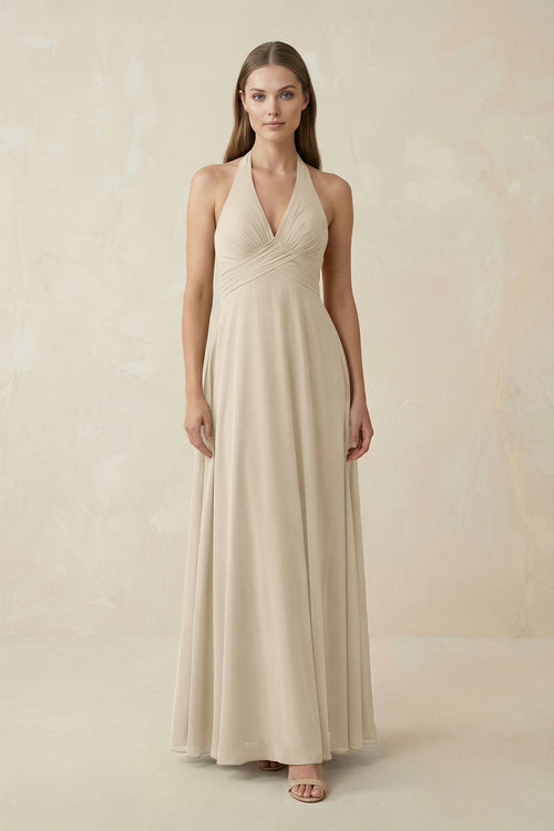 A-Line Pleated Chiffon V-Neck Bridesmaid Dress in Champagne - KissProm BRIDESMAID DRESSES