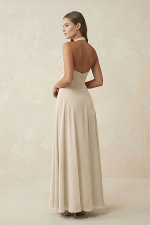 A-Line Pleated Chiffon V-Neck Bridesmaid Dress in Champagne - KissProm BRIDESMAID DRESSES