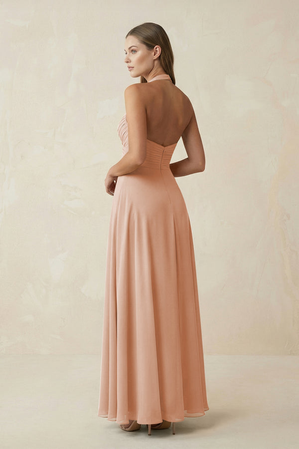 A-Line Pleated Chiffon V-Neck Bridesmaid Dress in Champagne Rose - KissProm BRIDESMAID DRESSES