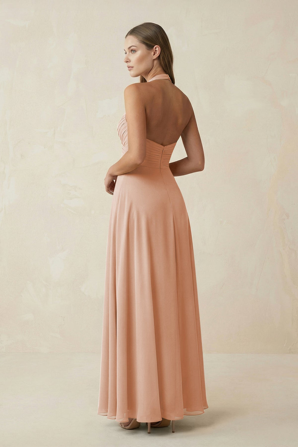 A-Line Pleated Chiffon V-Neck Bridesmaid Dress in Champagne Rose - KissProm BRIDESMAID DRESSES