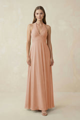 A-Line Pleated Chiffon V-Neck Bridesmaid Dress in Champagne Rose - KissProm BRIDESMAID DRESSES