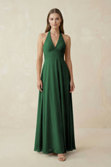 A-Line Pleated Chiffon V-Neck Bridesmaid Dress in Dark Green - KissProm BRIDESMAID DRESSES