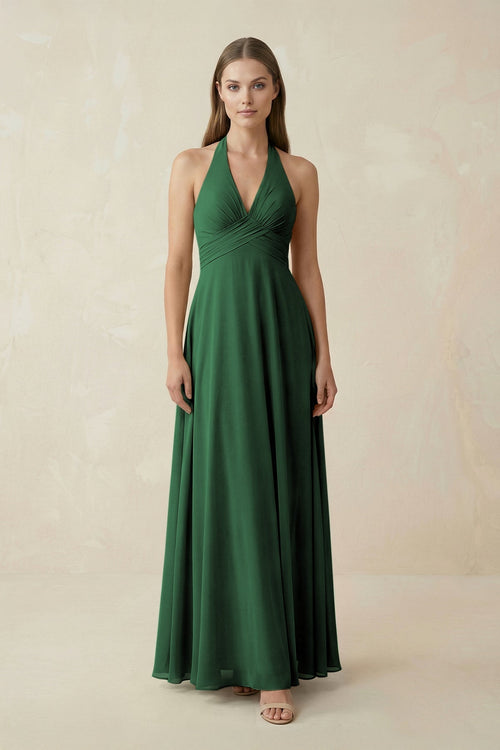 A-Line Pleated Chiffon V-Neck Bridesmaid Dress in Dark Green - KissProm BRIDESMAID DRESSES