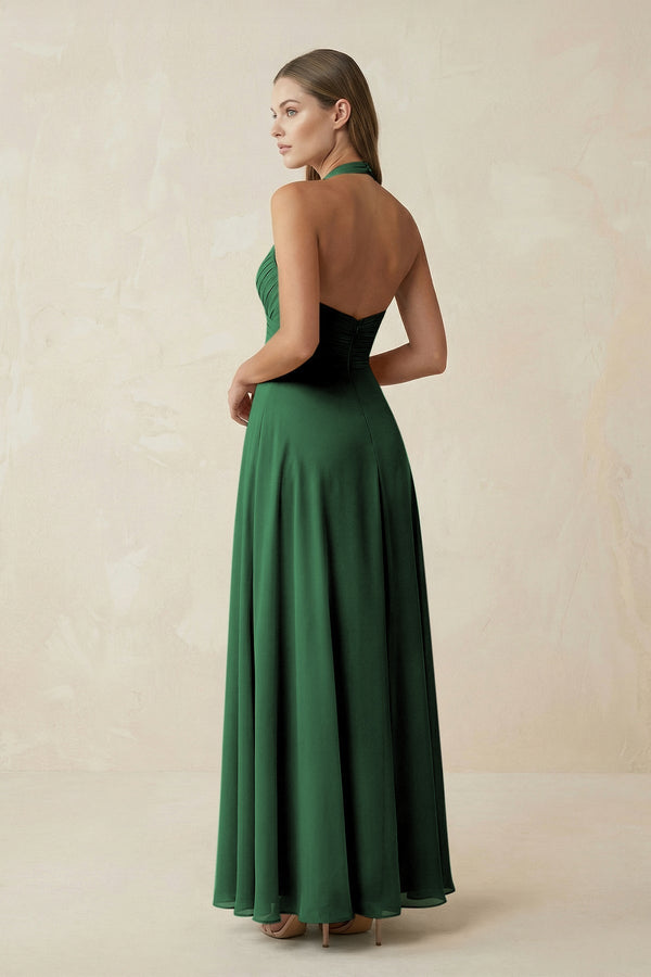 A-Line Pleated Chiffon V-Neck Bridesmaid Dress in Dark Green - KissProm BRIDESMAID DRESSES