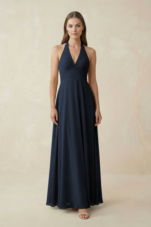 A-Line Pleated Chiffon V-Neck Bridesmaid Dress in Dark Navy - KissProm BRIDESMAID DRESSES