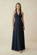 A-Line Pleated Chiffon V-Neck Bridesmaid Dress in Dark Navy - KissProm BRIDESMAID DRESSES