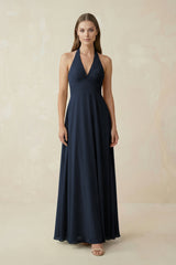 A-Line Pleated Chiffon V-Neck Bridesmaid Dress in Dark Navy - KissProm BRIDESMAID DRESSES