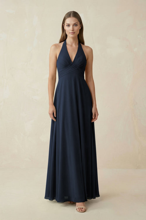 A-Line Pleated Chiffon V-Neck Bridesmaid Dress in Dark Navy - KissProm BRIDESMAID DRESSES