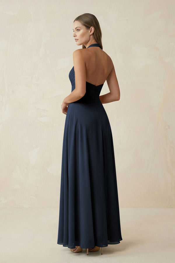 A-Line Pleated Chiffon V-Neck Bridesmaid Dress in Dark Navy - KissProm BRIDESMAID DRESSES