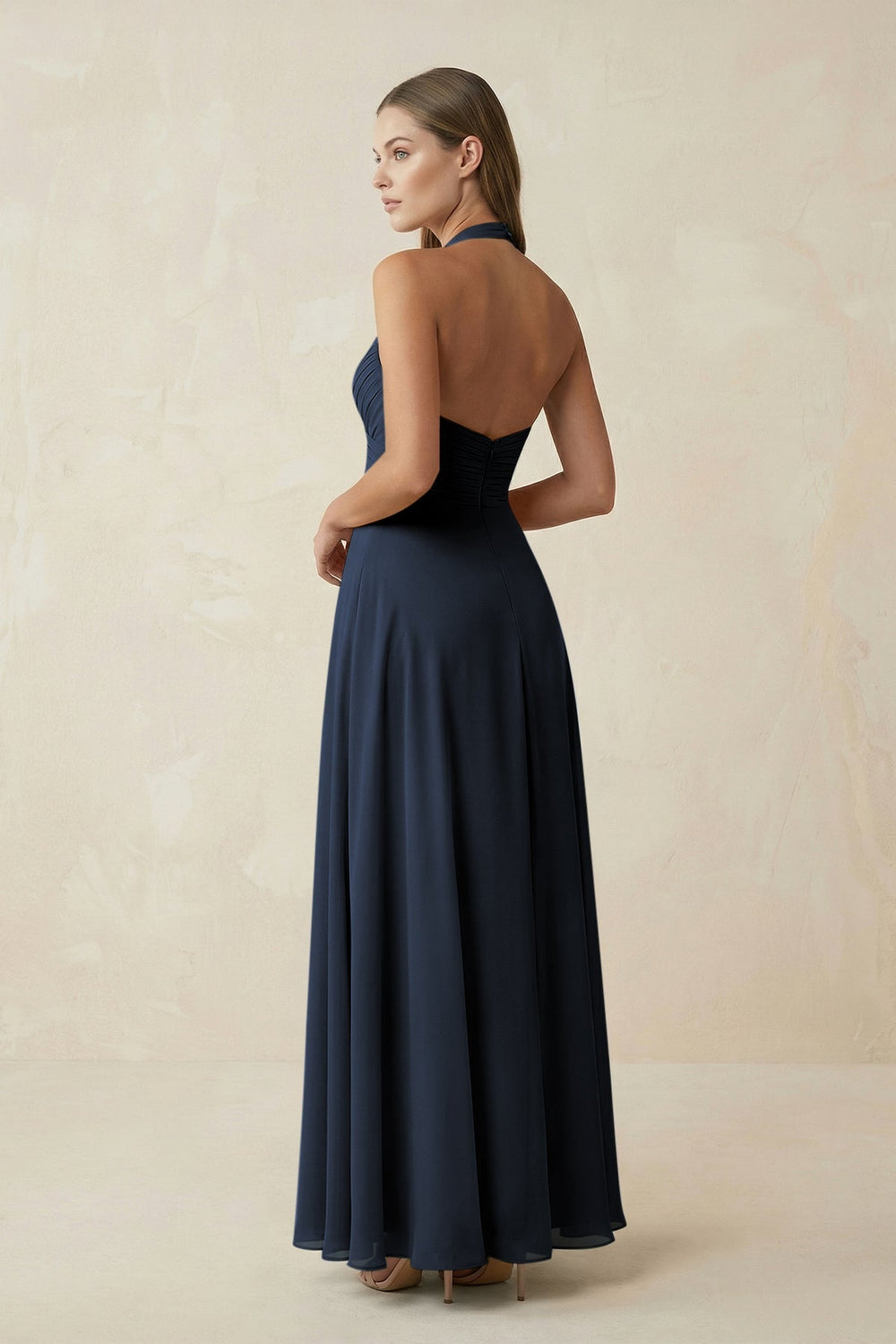 A-Line Pleated Chiffon V-Neck Bridesmaid Dress in Dark Navy - KissProm BRIDESMAID DRESSES
