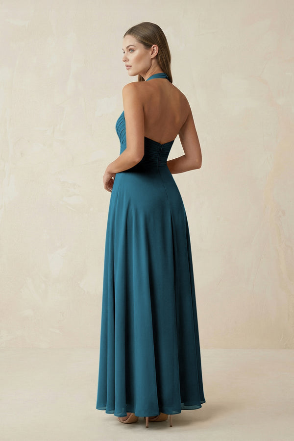 A-Line Pleated Chiffon V-Neck Bridesmaid Dress in Dark Teal - KissProm BRIDESMAID DRESSES