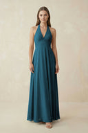 A-Line Pleated Chiffon V-Neck Bridesmaid Dress in Dark Teal - KissProm BRIDESMAID DRESSES