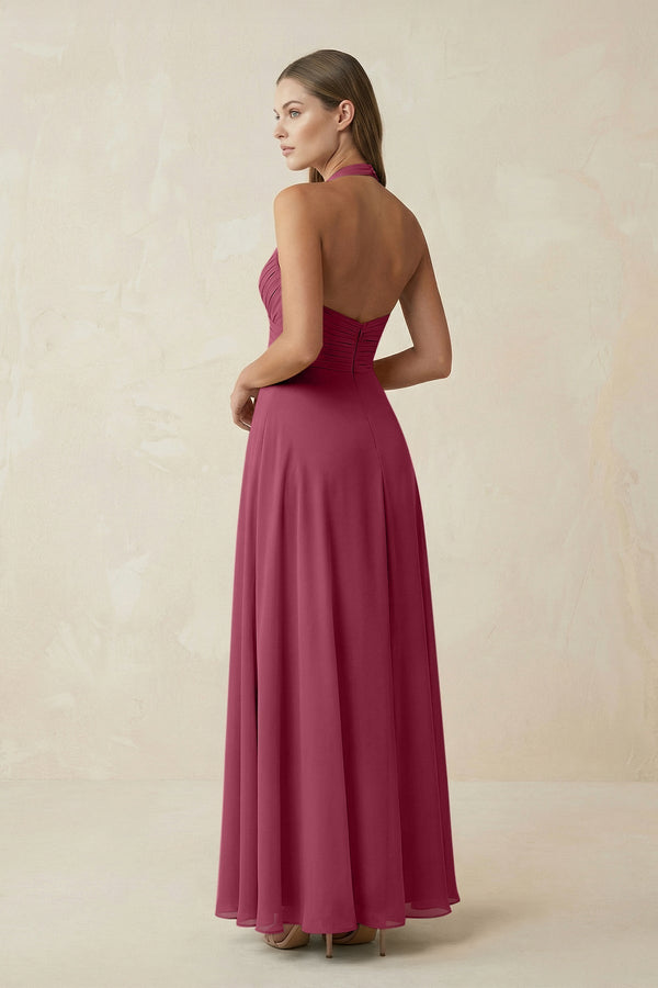 A-Line Pleated Chiffon V-Neck Bridesmaid Dress in Desert Rose - KissProm BRIDESMAID DRESSES