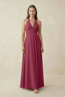 A-Line Pleated Chiffon V-Neck Bridesmaid Dress in Desert Rose - KissProm BRIDESMAID DRESSES