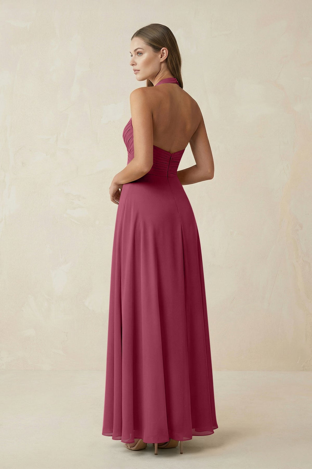 A-Line Pleated Chiffon V-Neck Bridesmaid Dress in Desert Rose - KissProm BRIDESMAID DRESSES