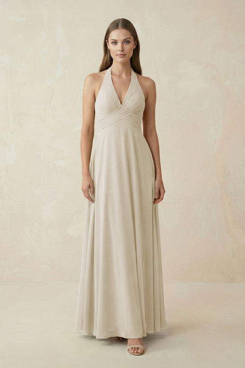 A-Line Pleated Chiffon V-Neck Bridesmaid Dress in Dove Gray - KissProm BRIDESMAID DRESSES