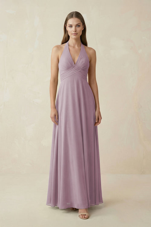 A-Line Pleated Chiffon V-Neck Bridesmaid Dress in Dusk - KissProm BRIDESMAID DRESSES