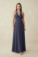 A-Line Pleated Chiffon V-Neck Bridesmaid Dress in Dusk Blue - KissProm BRIDESMAID DRESSES