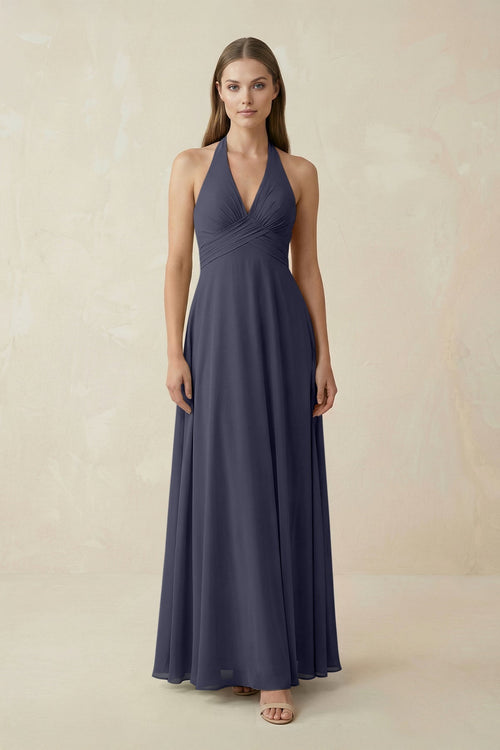A-Line Pleated Chiffon V-Neck Bridesmaid Dress in Dusk Blue - KissProm BRIDESMAID DRESSES