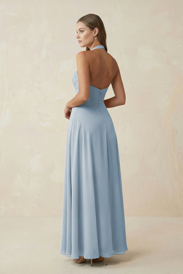 A-Line Pleated Chiffon V-Neck Bridesmaid Dress in Dusty Blue - KissProm BRIDESMAID DRESSES