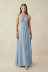 A-Line Pleated Chiffon V-Neck Bridesmaid Dress in Dusty Blue - KissProm BRIDESMAID DRESSES