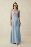 A-Line Pleated Chiffon V-Neck Bridesmaid Dress in Dusty Blue - KissProm BRIDESMAID DRESSES