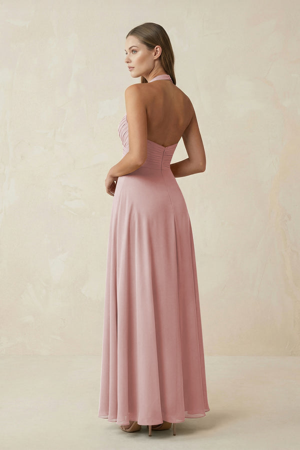 A-Line Pleated Chiffon V-Neck Bridesmaid Dress in Dusty Rose - KissProm BRIDESMAID DRESSES