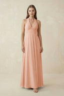 A-Line Pleated Chiffon V-Neck Bridesmaid Dress in English Rose - KissProm BRIDESMAID DRESSES