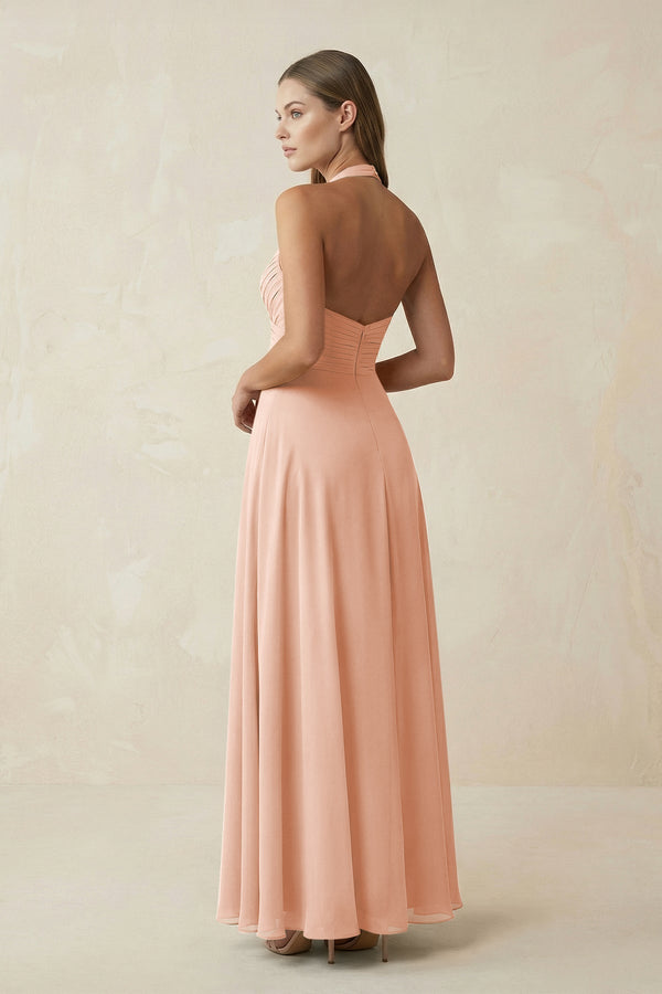 A-Line Pleated Chiffon V-Neck Bridesmaid Dress in English Rose - KissProm BRIDESMAID DRESSES