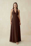 A-Line Pleated Chiffon V-Neck Bridesmaid Dress in Espresso - KissProm BRIDESMAID DRESSES