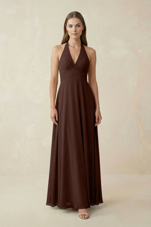 A-Line Pleated Chiffon V-Neck Bridesmaid Dress in Espresso - KissProm BRIDESMAID DRESSES