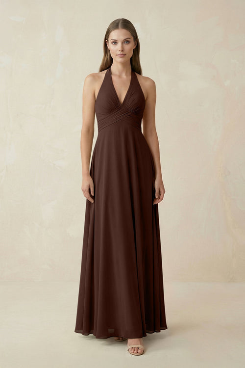 A-Line Pleated Chiffon V-Neck Bridesmaid Dress in Espresso - KissProm BRIDESMAID DRESSES