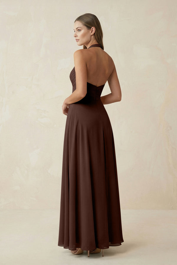 A-Line Pleated Chiffon V-Neck Bridesmaid Dress in Espresso - KissProm BRIDESMAID DRESSES