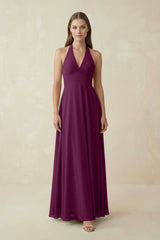 A-Line Pleated Chiffon V-Neck Bridesmaid Dress in Fig - KissProm BRIDESMAID DRESSES
